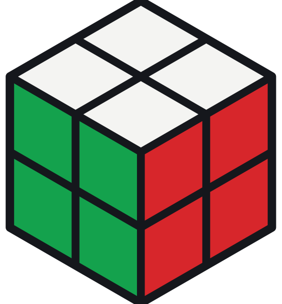Un cubo Rubik 2×2 resuelto: cada cara tiene cuatro casillas y cada casilla pertenece a una de las ocho esquinas. No hay centros ni aristas.