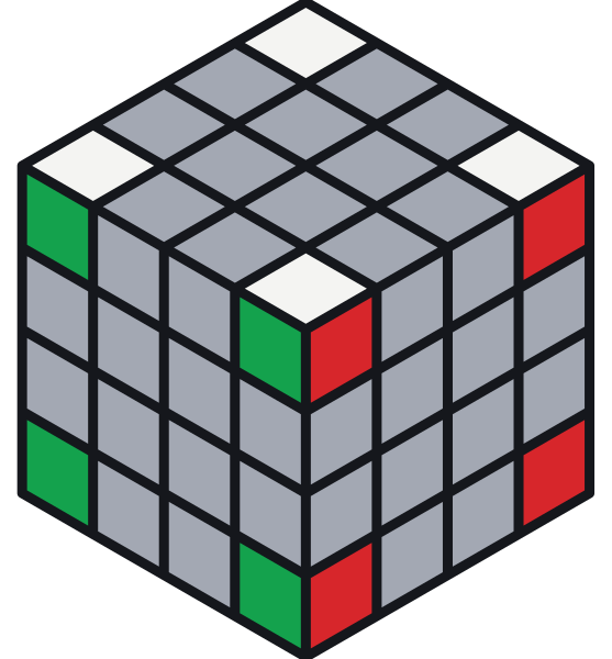 Aquí solo tienen color las esquinas. Arriba, al frente y a la derecha está la esquina blanco-verde-rojo: con el blanco arriba y el verde al frente, el rojo queda a la derecha.