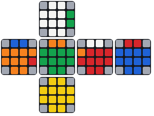 El cubo desplegado, con las dos mitades arriba: arriba al frente a la izquierda y arriba al frente a la derecha están las dos piezas de arista verde-naranja, y las dos muestran verde al frente. Entonces el algoritmo correcto es Dw R U R' F R' F' R Dw'.