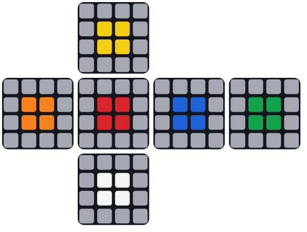 Los centros laterales en mal orden: el centro de enfrente es rojo y el de la derecha azul, así que están intercambiados. F 2U F2 2U' F', F2 R2 y otra vez F 2U F2 2U' F' los devuelven a su sitio; los centros blanco, amarillo, izquierdo y de atrás no se mueven.