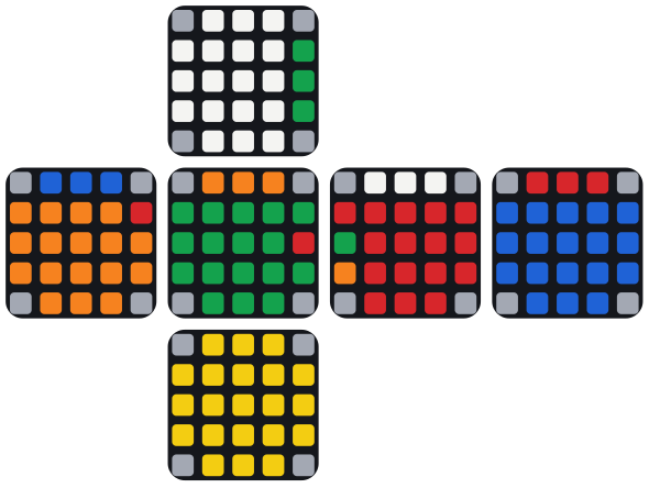 El cubo desplegado antes de emparejar: la arista central de adelante a la izquierda muestra verde adelante, y la pieza lateral que le corresponde, abajo a la derecha, también. Después: 2U' R U R' F R' F' R 2U.