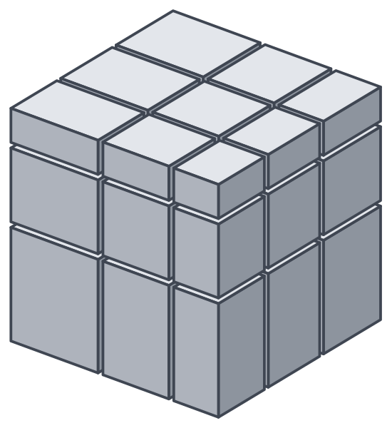 Un cubo espejo resuelto: un cubo liso en el que cada capa exterior tiene un grosor distinto. Arriba está la capa más delgada y abajo la más gruesa.