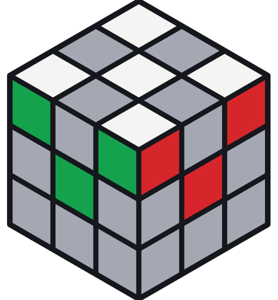 Las cuatro esquinas blancas unen el blanco con dos colores vecinos cada una. Arriba, al frente y a la derecha está la esquina blanca, verde y roja.