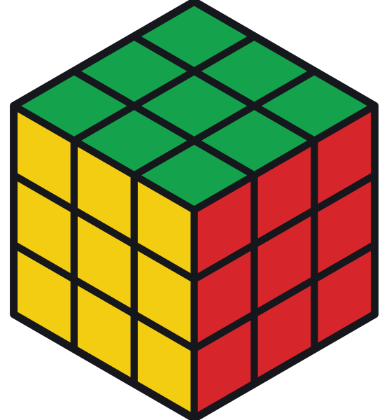 Tras una rotación x del cubo entero, el verde queda arriba y el amarillo delante; a la derecha sigue el rojo y el cubo sigue resuelto.