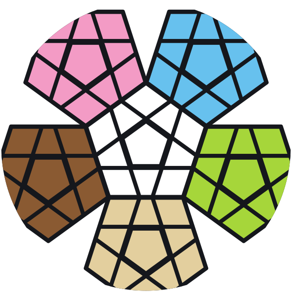 Mitad de abajo: en el centro la cara blanca, alrededor las caras beige, marrón, rosa, azul claro y verde claro. En total son 12 caras de 12 colores distintos.