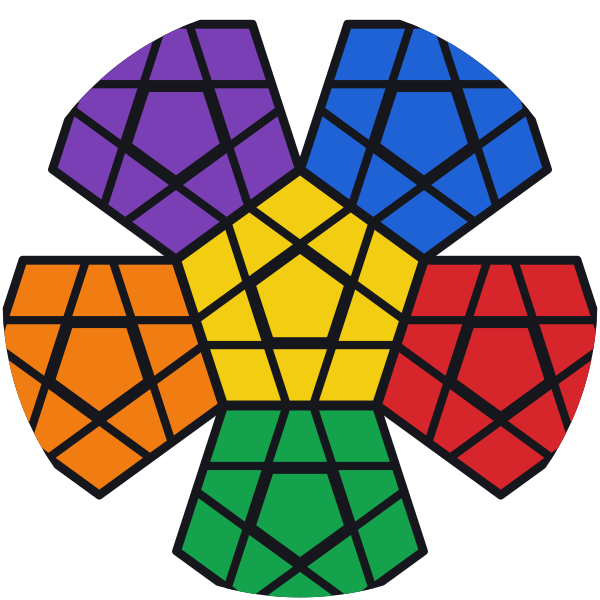 Mitad de arriba: en el centro la última cara amarilla, alrededor las caras verde, naranja, morada, azul y roja. La cara verde está abajo en el dibujo, es decir, de frente.