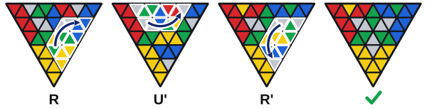 La arista amarilla y verde está en su lugar, pero invertida: el amarillo al frente y el verde abajo. R U' R' la sube arriba atrás.