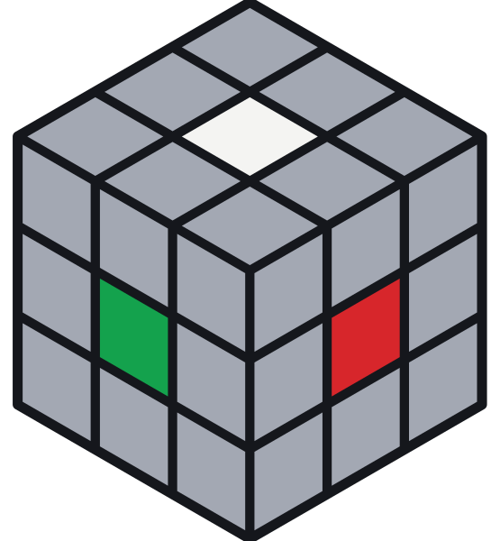 Un cubo revuelto con ocho movimientos en el que solo se ven los centros: blanco arriba, verde al frente y rojo a la derecha, igual que en el cubo resuelto.