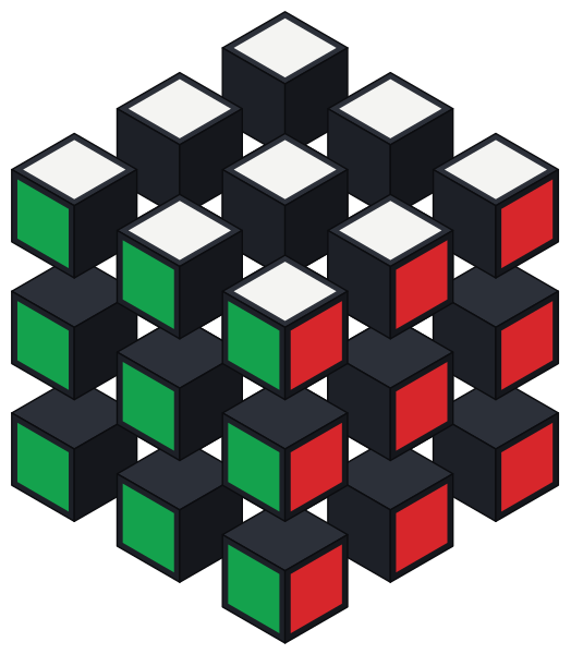 Un cubo Rubik de 3×3 separado en sus piezas: 6 centros, 12 aristas y 8 esquinas. Las casillas de color solo están en las caras que miran hacia fuera.