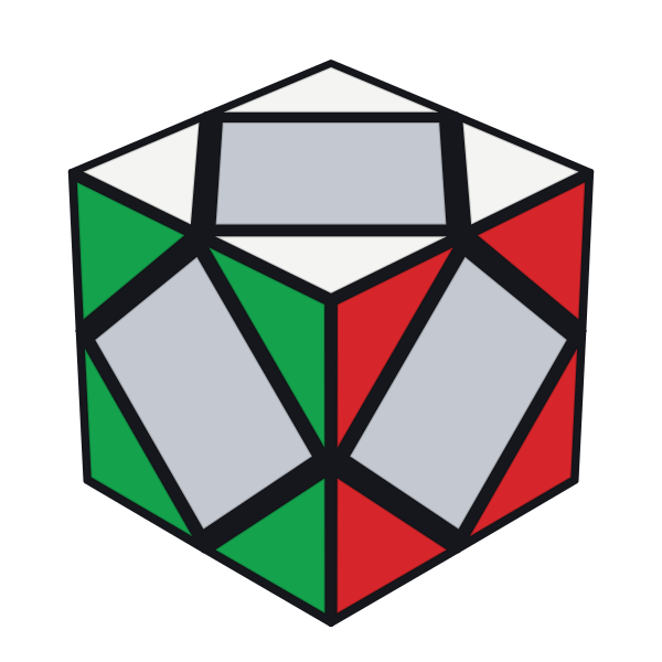 Las 8 esquinas de un Skewb resuelto, con los centros en gris